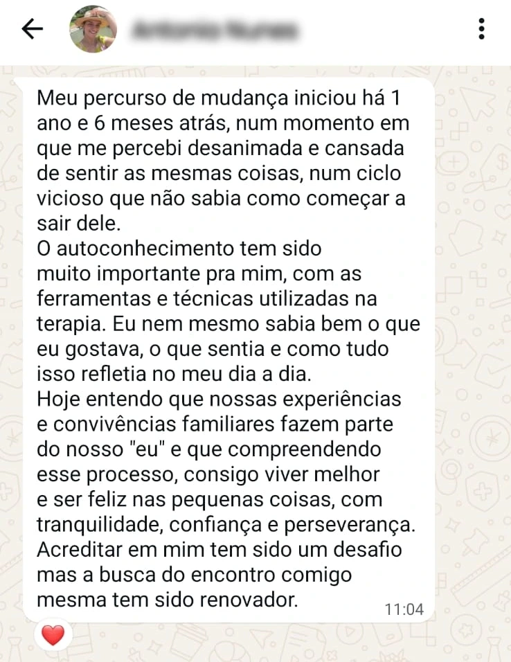 Depoimento de cliente em mensagem de WhatsApp sobre a terapia com Rosemari Johan (1 de 6)